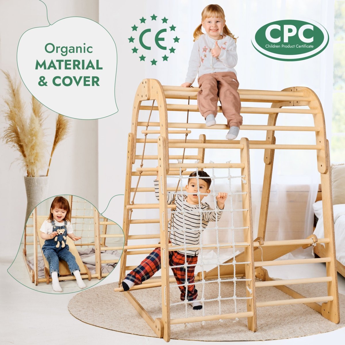 Aire de jeux intérieure en bois pour enfants - Aire de jeux 6-en-1 + Balançoires + Toboggan