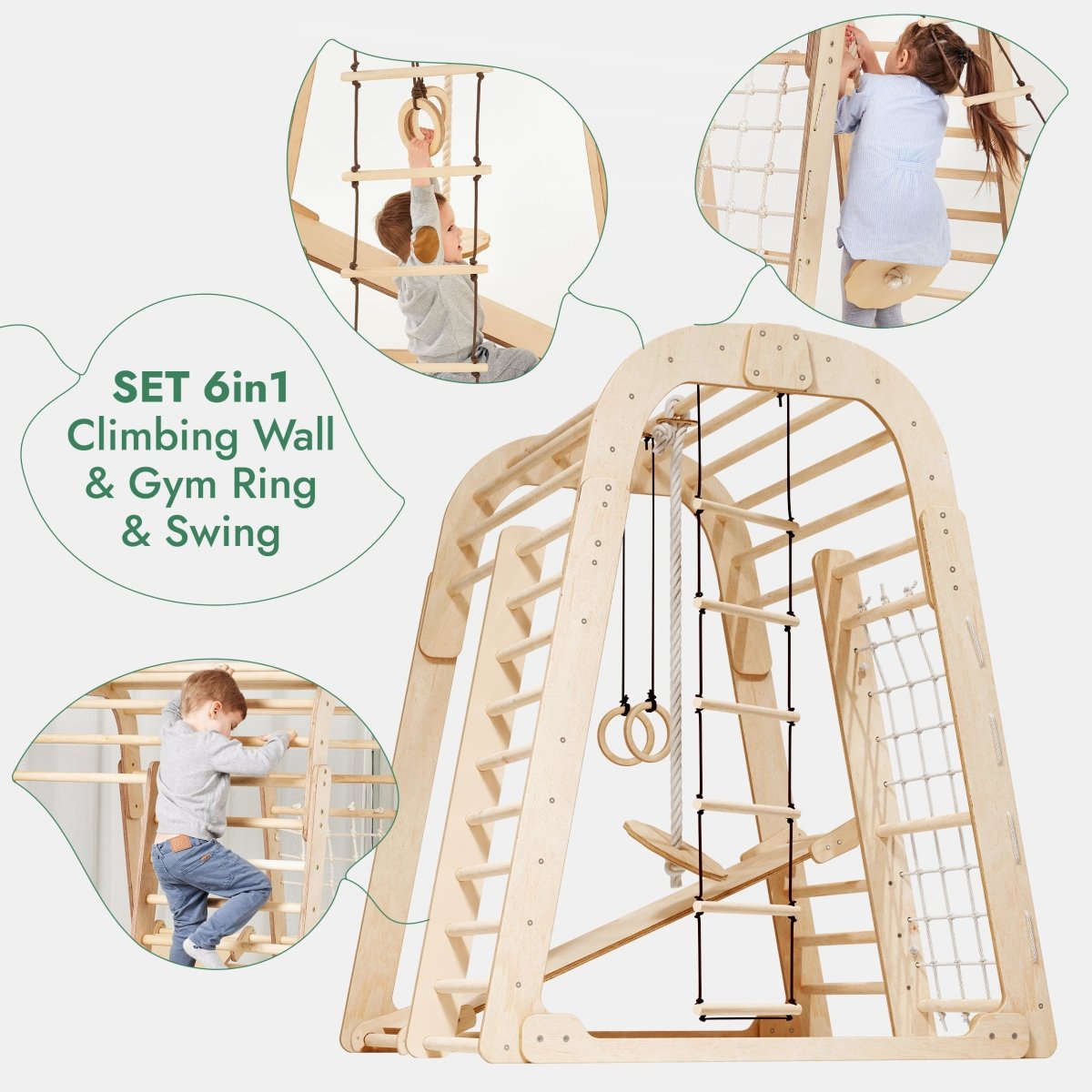 Aire de jeux intérieure en bois pour enfants - Aire de jeux 6-en-1 + Balançoires + Toboggan
