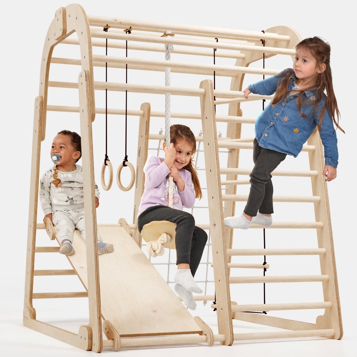 Aire de jeux intérieure en bois pour enfants - Aire de jeux 6-en-1 + Balançoires + Toboggan
