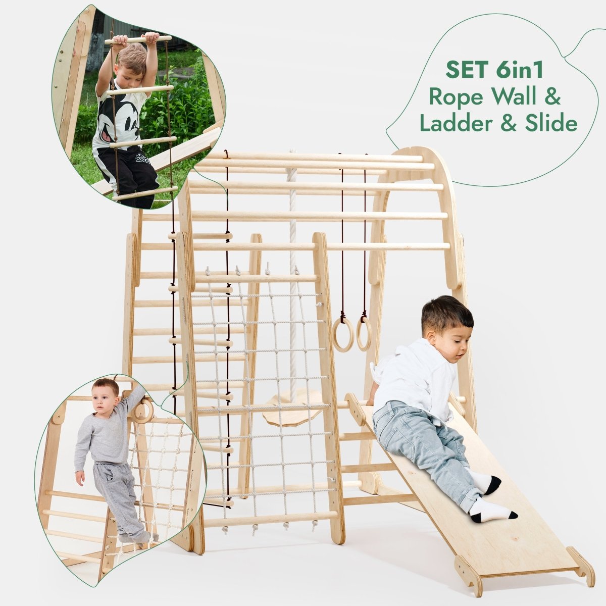 Aire de jeux intérieure en bois pour enfants - Aire de jeux 6-en-1 + Balançoires + Toboggan
