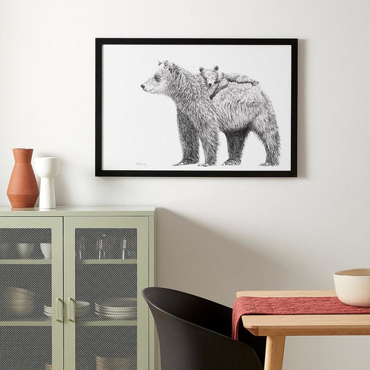 Grizzly et son ourson - impression d'art animalier en noir et blanc