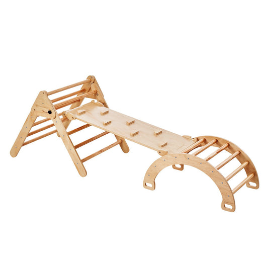 Wooden Pikler Triangle With Rocker & Slide + Ramp | Wooden Climbing Gym Set