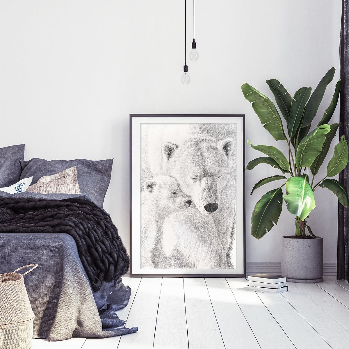 Ours polaire avec son petit - Décoration murale noir et blanc