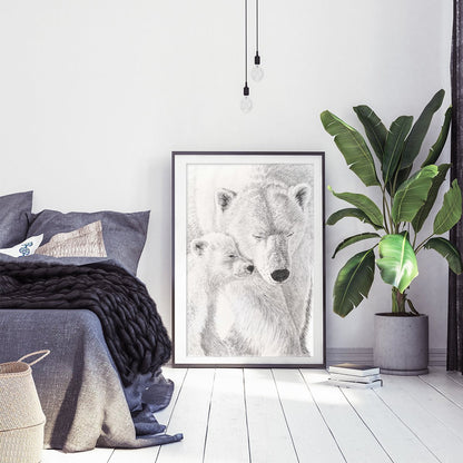 Polar Bear with cub - Black and white wall art