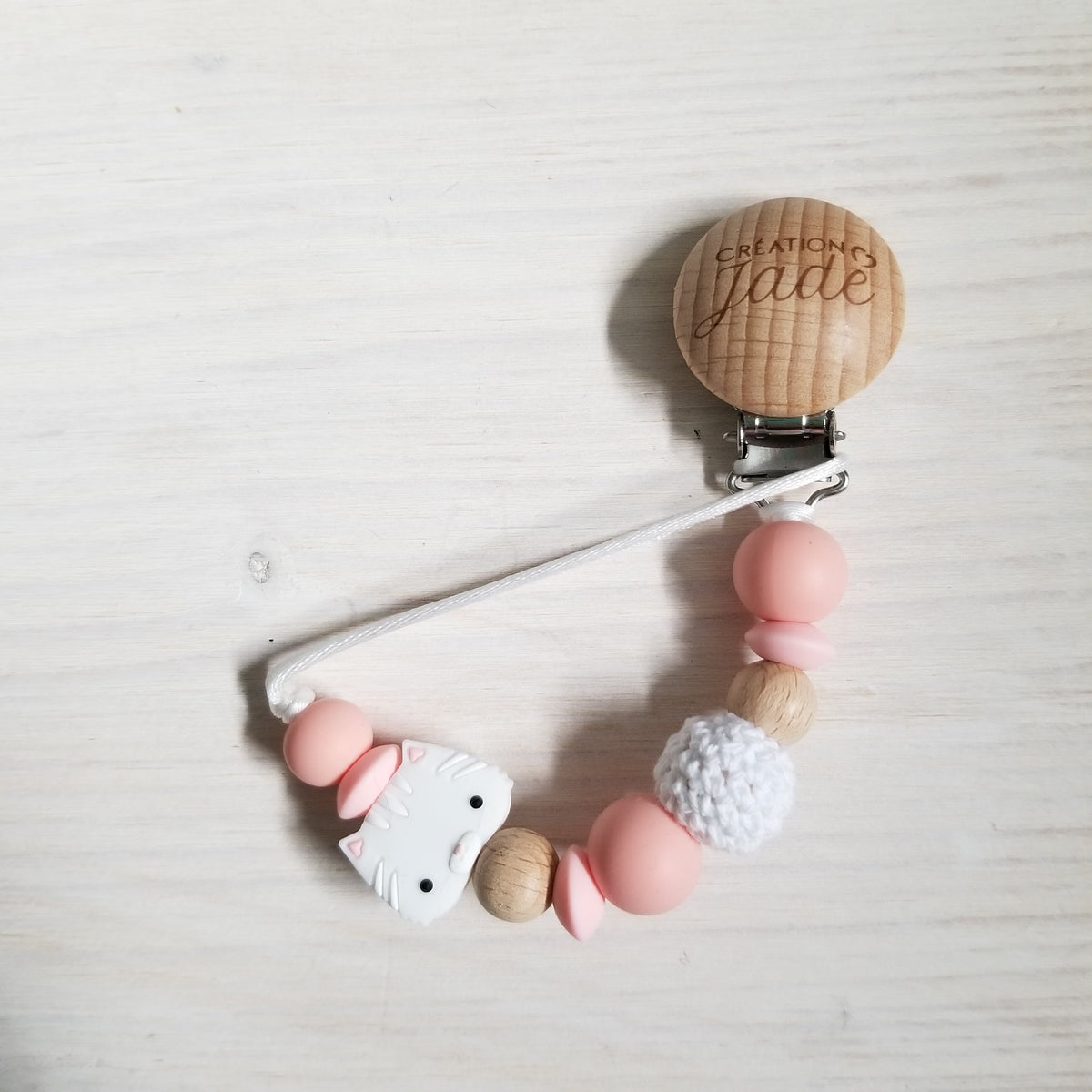 Wood Pacifier Clip - Pink Kitten