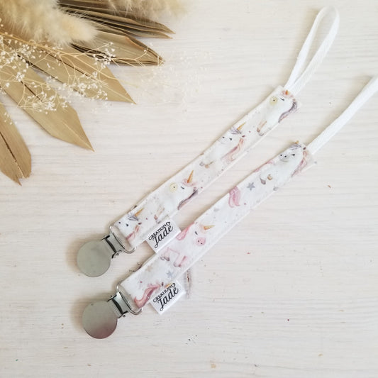Nouveauté - Attache-suce Tissu - Clip inox - Lily la licorne
