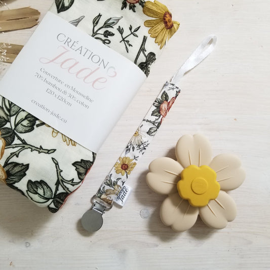 Nouveauté - Attache-suce Tissu - Clip inox - Fleurs vintage