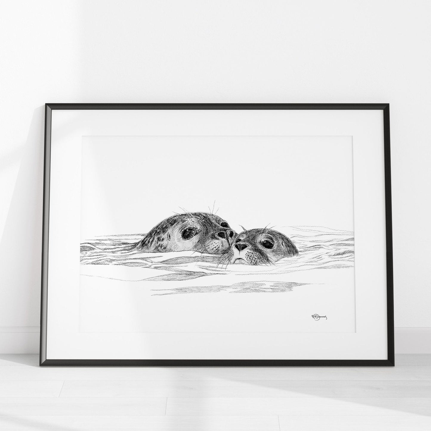 Phoque avec son petit - illustration animalière en noir et blanc