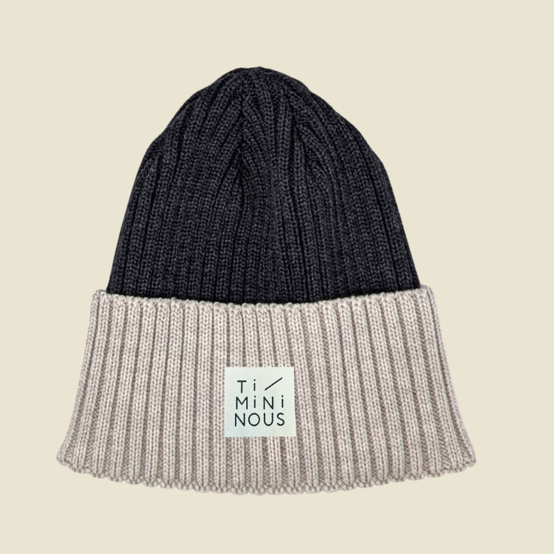Tuque 100% laine de mérinos pour enfant et adulte - Charcoal & écru