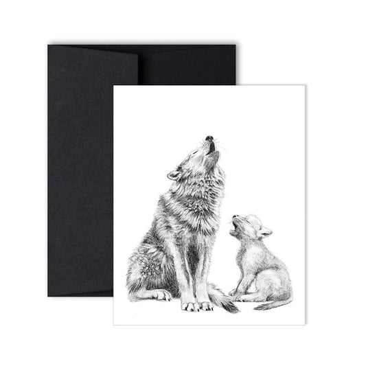 Carte de vœux Loup hurlant avec son louveteau