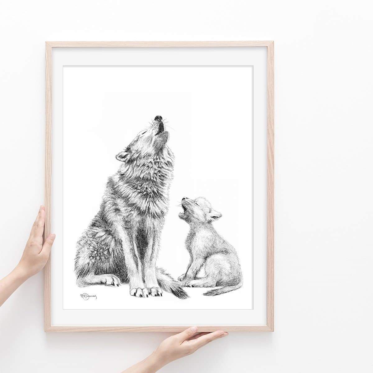 Loup hurlant avec son louveteau - Décoration murale animaux des bois