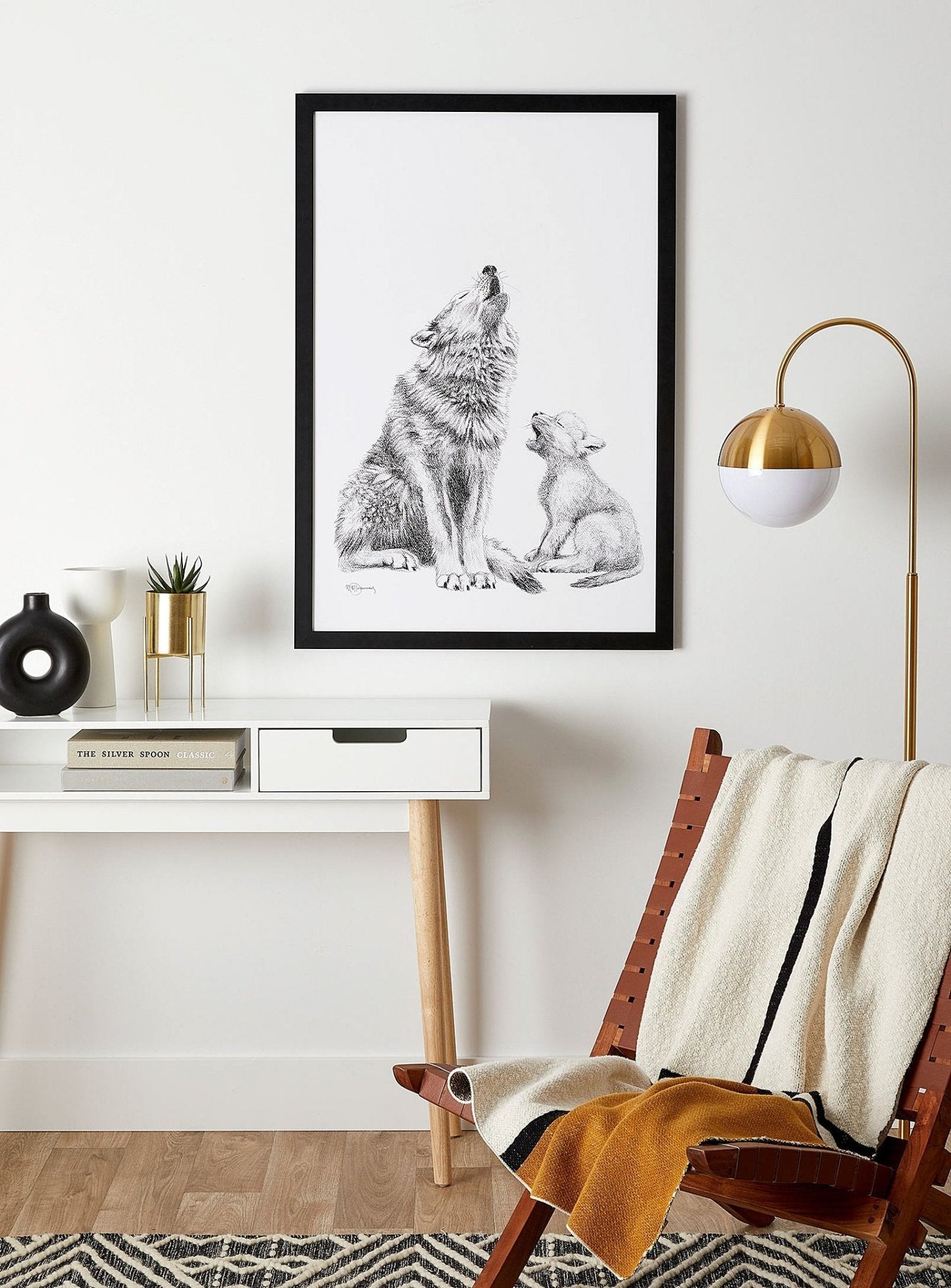 Loup hurlant avec son louveteau - Décoration murale animaux des bois