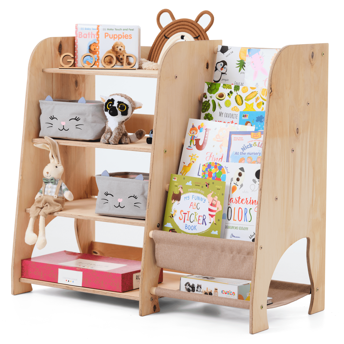Étagères Montessori en bois pour tout-petits 2-en-1 : Étagère à livres et étagère à jouets