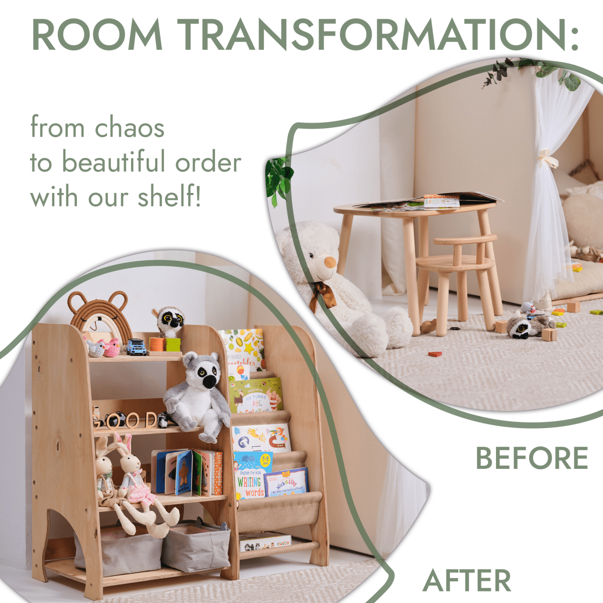 Étagères Montessori en bois pour tout-petits 2-en-1 : Étagère à livres et étagère à jouets