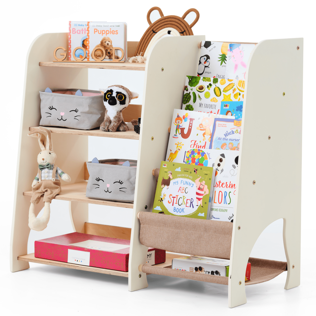 Étagères Montessori en bois pour tout-petits 2-en-1 : Étagère à livres et étagère à jouets